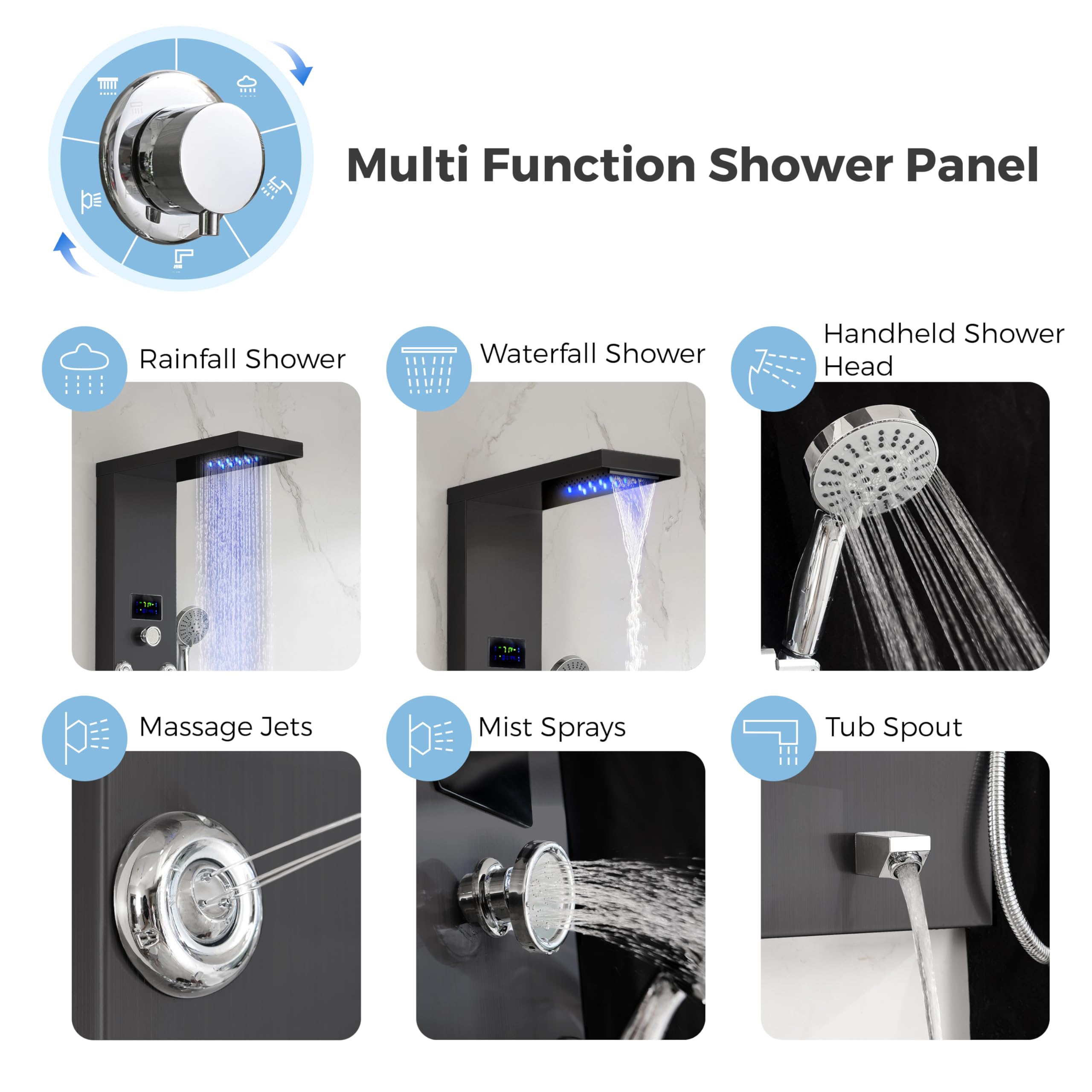 DELAVIN LED Shower Panel - Stainless Steel Shower Tower System with Temperature Display | 5-Function Rainfall, Waterfall, Massage Body Jets, Tub Spout & Handheld Showerhead | Brushed Black Finish for Modern Bathroom Luxury & Spa Experience