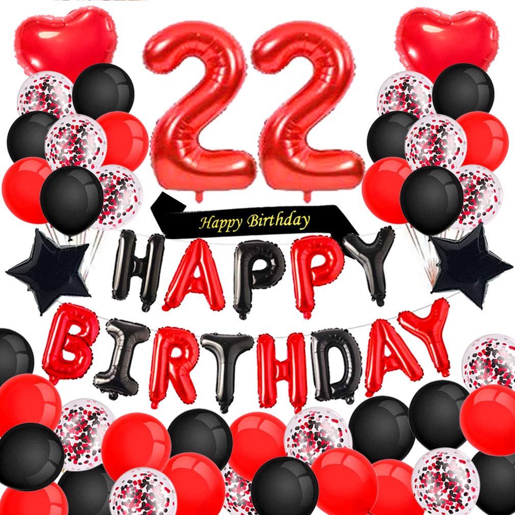 Minhero 22nd Birthday Party Decorations - Red & Black Happy Birthday Banner, Number 22 Balloons, Birthday Sash with Latex & Confetti Balloons for Women's 22nd Birthday Celebration - Perfect for Adult Birthday Parties, Milestone Celebrations & Photo Backdrops