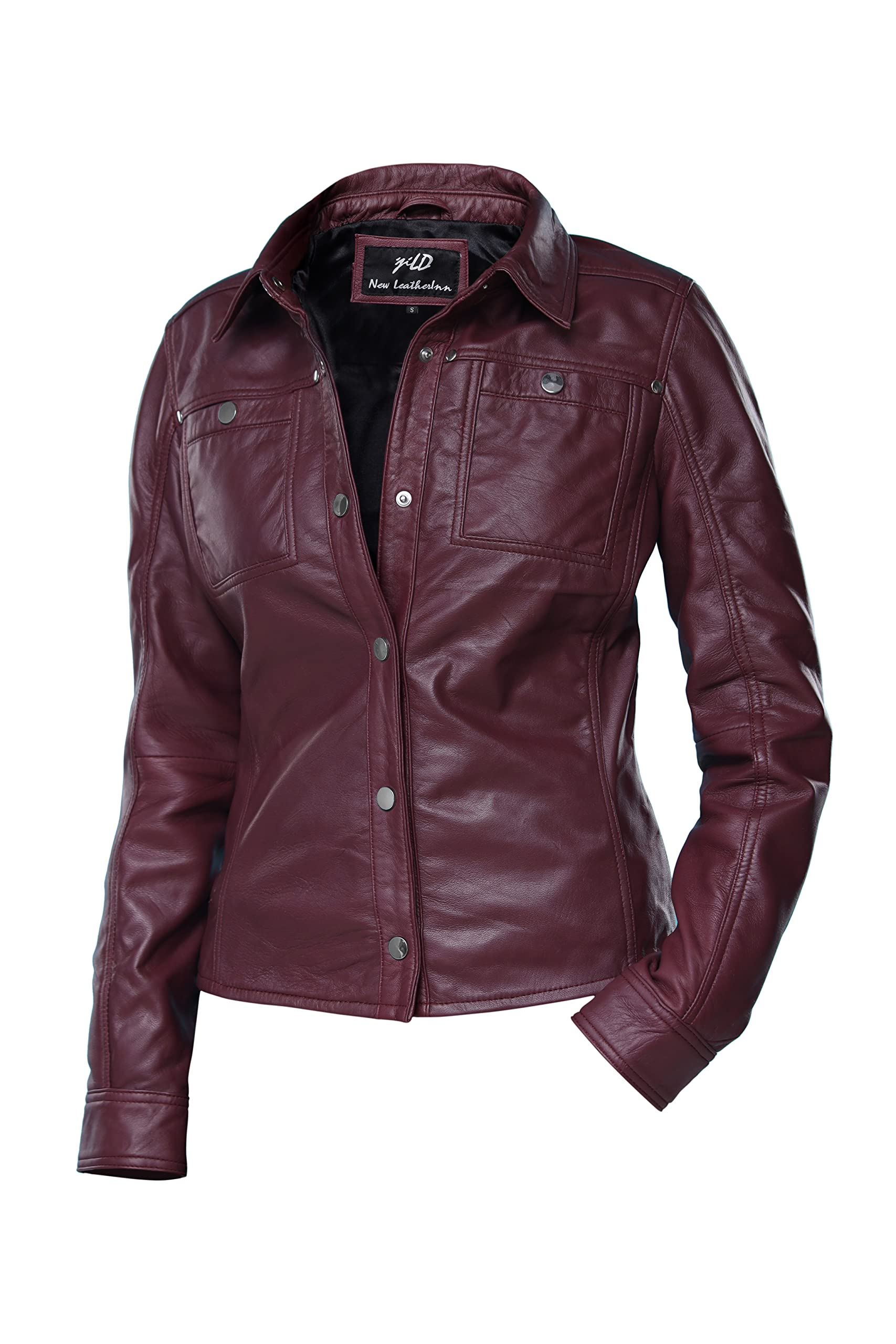 Jild Women's Button Front Lambskin Leather Jacket & Shacket - Long Sleeve Casual Shirt Jacket with Bust Pocket | Perfect for Fall Layering, Date Nights & Office Wear