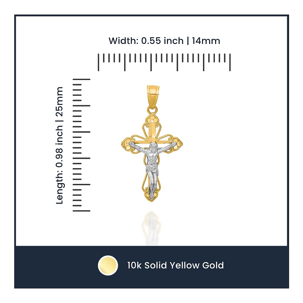 10K Solid Yellow Gold Antique Filigree Jesus Christ Crucifix Necklace - Religious Cross Pendant for Women & Men - Perfect for Baptism, First Communion, Confirmation & Daily Faith Jewelry