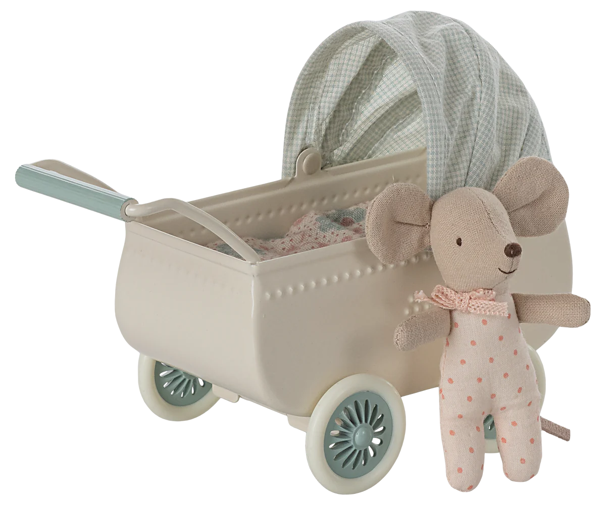 Maileg Baby Mouse Stroller - Adorable Mini Doll Pram for Kids | Perfect for Pretend Play, Gift Giving & Collectible Display