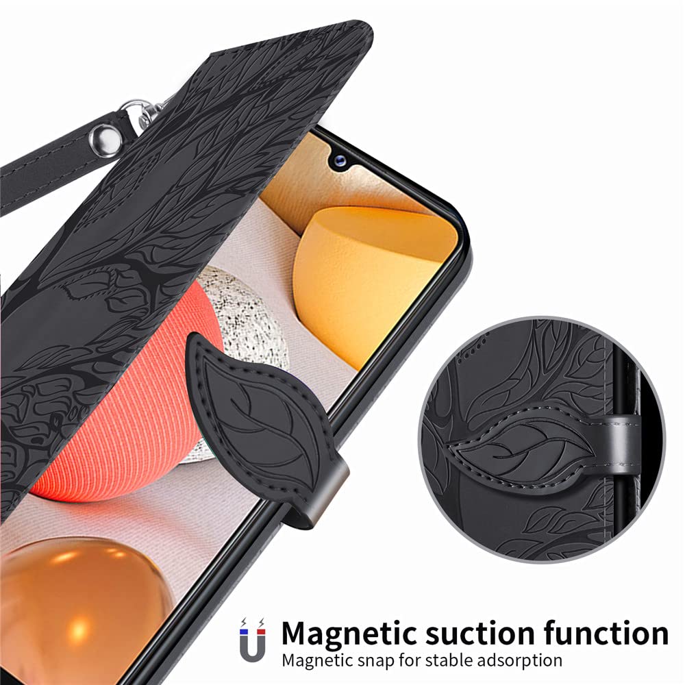 Premium PU Leather Samsung Galaxy A12 Case with Kickstand, Card Slots & Wrist Strap – 6.5 Inch Folio Flip Wallet Cover for Samsung A12 (R-Black) – Perfect for Work, Travel & Daily Protection