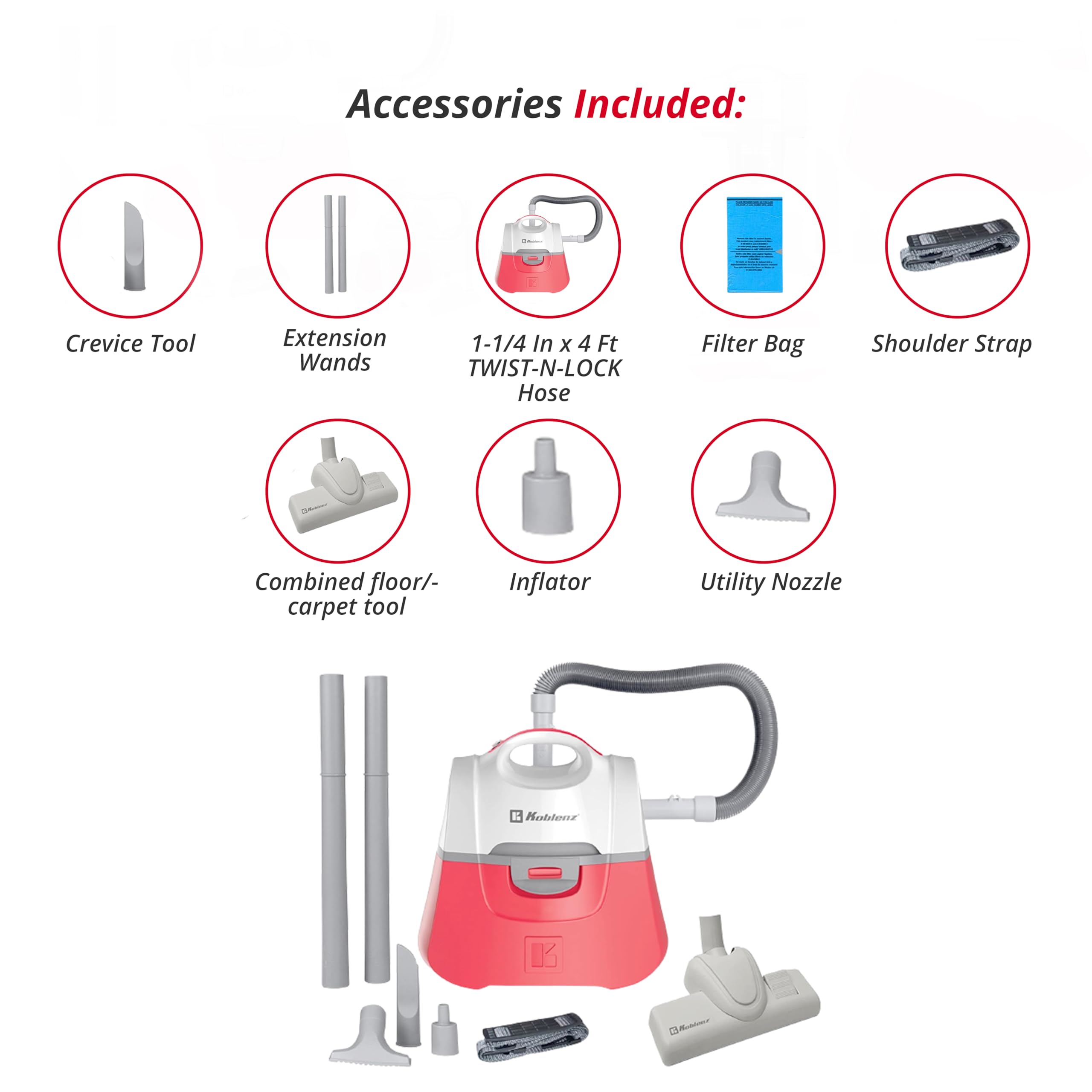 Koblenz PV-525KG5 3-Gallon 2.0 HP Wet Dry Vacuum Cleaner with Accessories - Portable 3-in-1 Shop Vac for Home, Garage & Car Cleaning - Pink