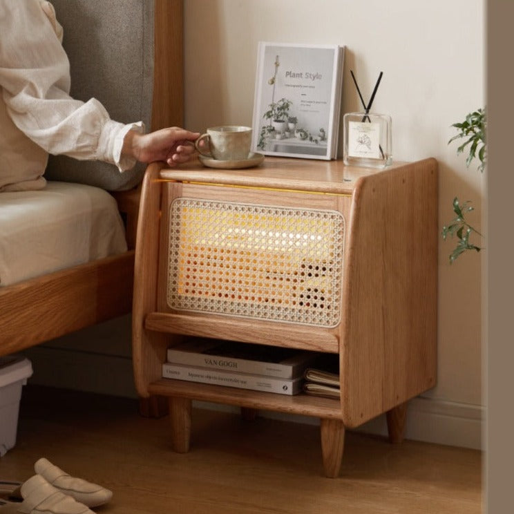 Solid Oak Wood Nightstand with Rattan Accents - Stylish Bedside Table for Bedroom Decor, Living Room, or Guest Room