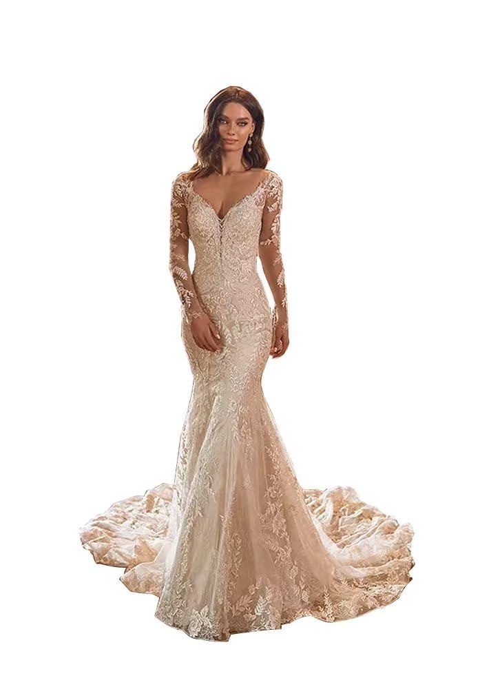 Elegant Long Sleeve Mermaid Wedding Dress with Lace Details - V-Neck Bohemian Bridal Gown for Vintage Beach Weddings, Outdoor Ceremonies & Romantic Photoshoots