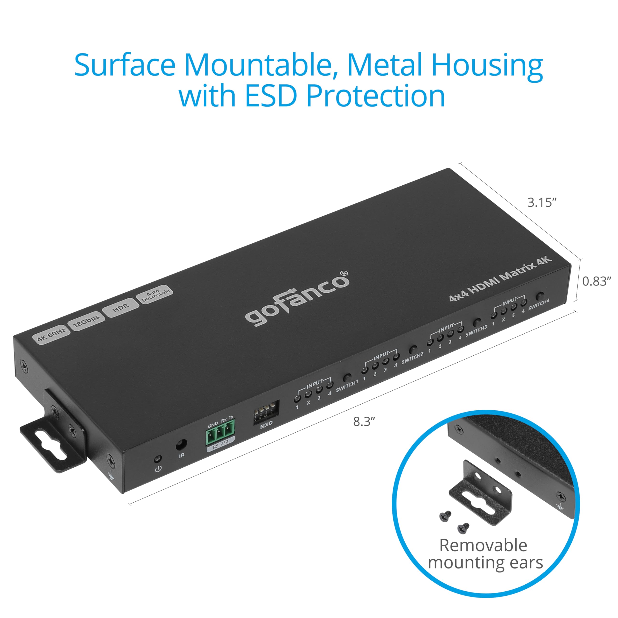gofanco 4K 4x4 HDMI Matrix Switch - 4K 60Hz 4:4:4 HDR, HDCP 2.2/1.4, Auto Downscaling, EDID Management, 7.1ch Audio & Atmos, Surge Protection (4 in 4 Out) - Perfect for Home Theater, Gaming & Multi-Room AV Systems