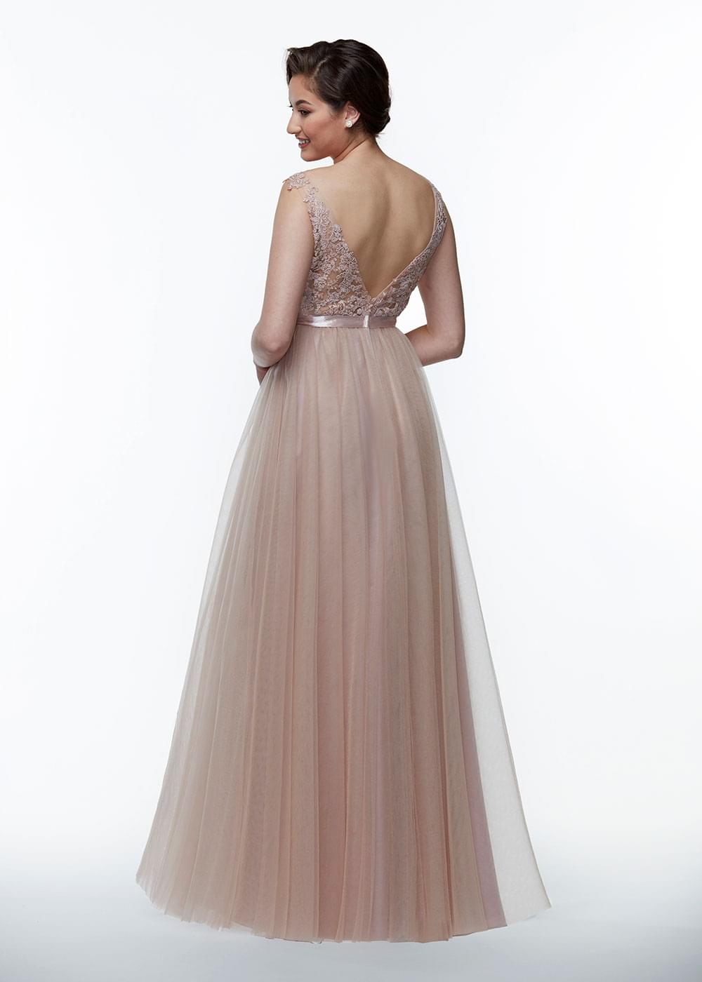 Elegant 80097 A-Line Tulle Bridesmaid Dress with Lace Bodice & Sash - Perfect for Weddings, Prom & Formal Events
