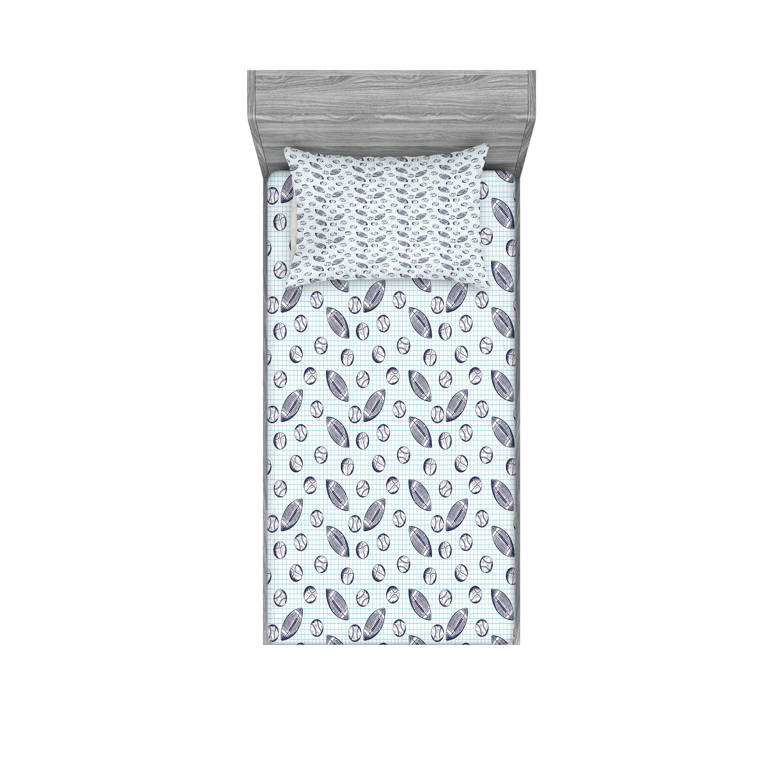 Ambesonne Baseball Fitted Sheet & Pillow Sham Set - Pigskin & Baseballs Checkered Design Twin Size Bedding - Indigo & Pale Blue 2-Piece Decor Set for Sports Fans Bedroom