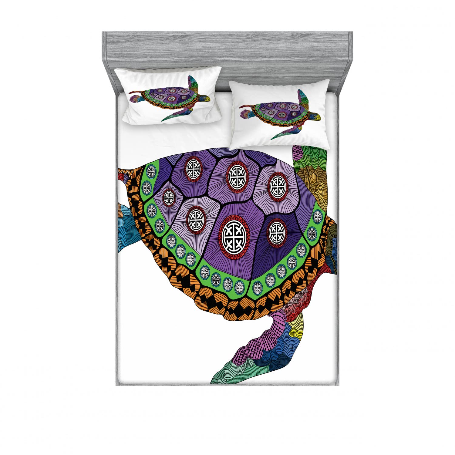 Ambesonne Psychedelic 2-Pack Queen Size Fitted Sheet & Pillow Sham Set - Sea Turtle Animal Print Bedding Decor (4-Piece Set: 2 Fitted Sheets + 4 Pillow Covers) in Vibrant Purple, Orange & Pink - Perfect for Beach House, Boho Bedroom & Tropical Themed Decor