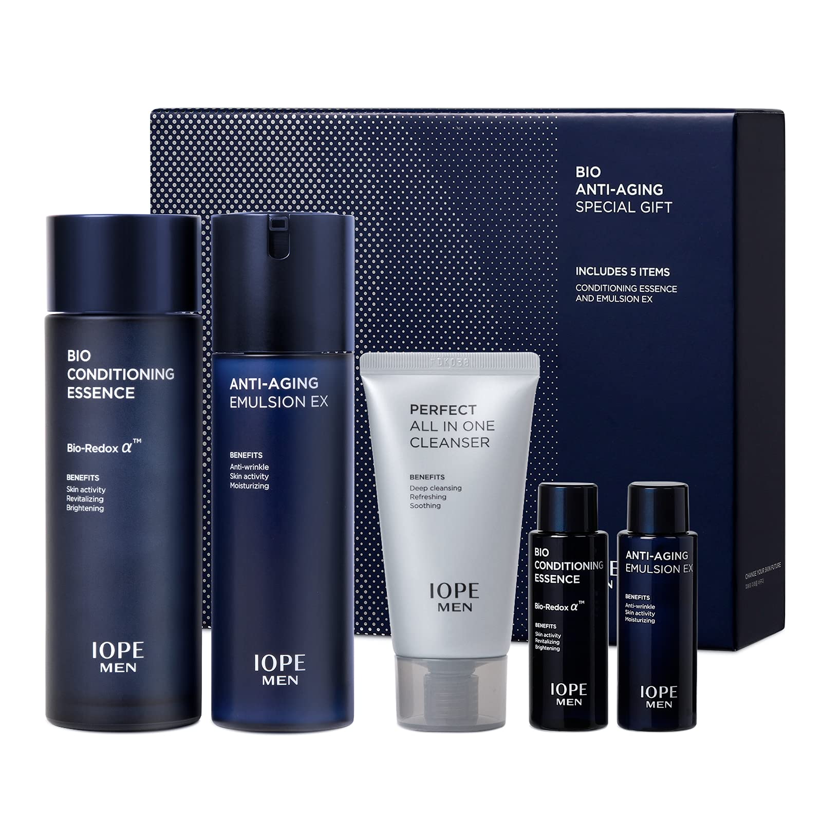IOPE MEN BIO Anti-Aging & Moisturizing Skincare Set - Cleanser, Emulsion, Essence Serum & Aftershave | Korean Men's Skincare by Amorepacific | Perfect for Daily Hydration & Post-Shave Soothing