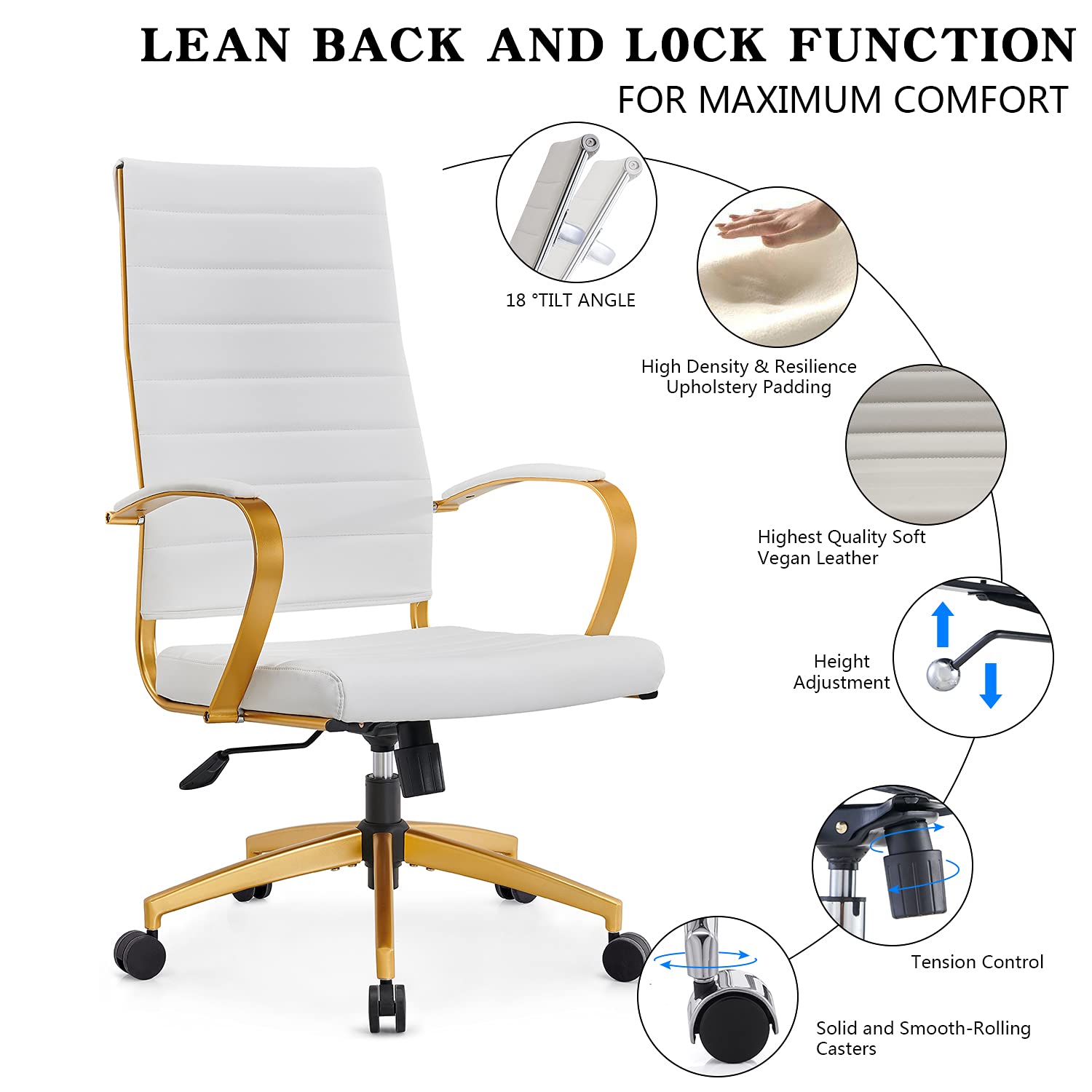 Modern Gold Ergonomic Office Chair with Wheels & Adjustable Arms - High Back Leather Executive Desk Chair for Home & Office - Comfortable Computer Chair for Long Hours (GD-White) - Perfect for Workspaces, Gaming & Conference Rooms