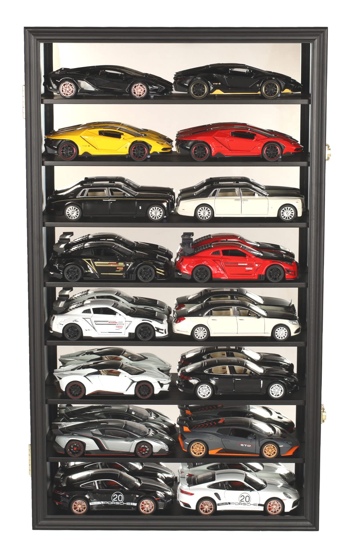 1:24 Scale Large Diecast Toy Cars with Display Case - 16 Car Holder Cabinet Compatible with Hot Wheels, Black Finish - Perfect for Collectors & Kids Playroom Decor