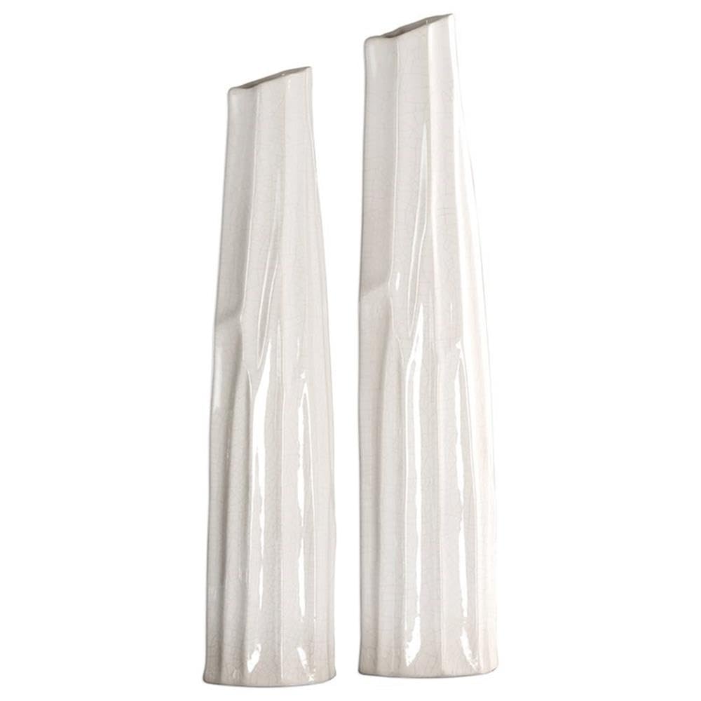 Bowery Hill Contemporary 2-Piece Crackled White Ceramic Vase Set - Perfect for Home Decor, Wedding Centerpieces & Modern Farmhouse Style