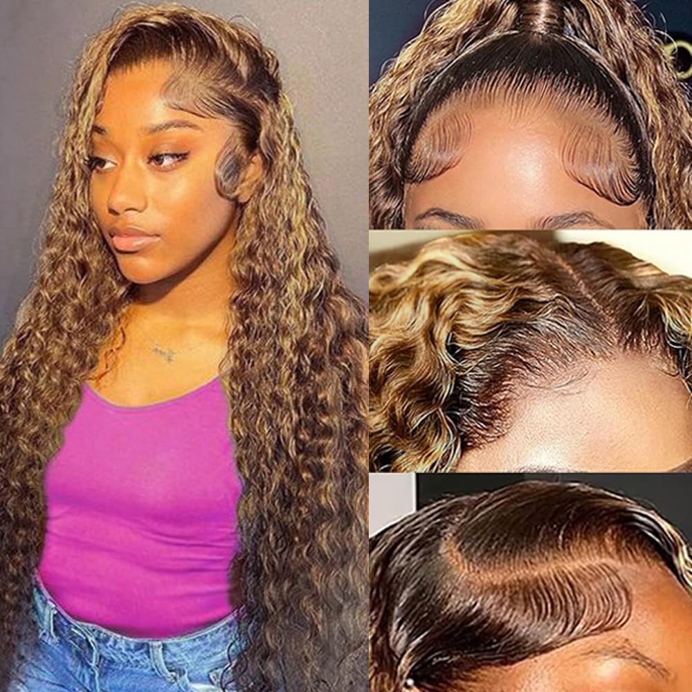 13x4 Highlight Ombre Deep Wave Lace Front Wig - 100% Human Hair - Honey Blonde HD Transparent Lace - Pre Plucked with Baby Hair - 180% Density - 26 Inch - Perfect for Daily Wear, Parties & Special Occasions
