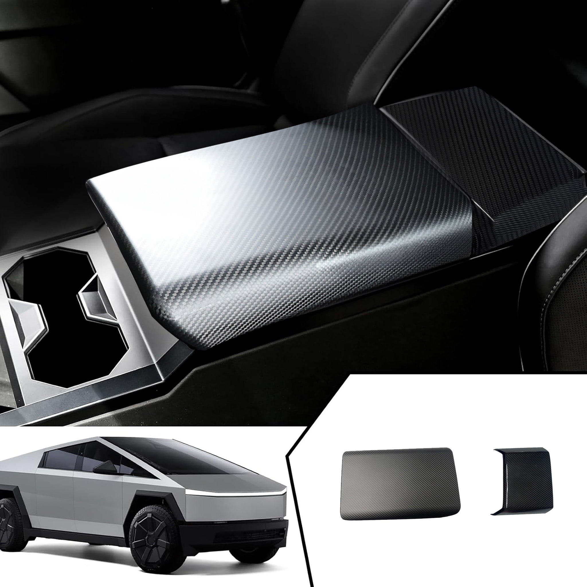 Premium Real Carbon Fiber Armrest Cover & Rear Screen Frame Protector for Tesla Cybertruck (2-Piece Set) - Enhance Interior Style & Protection for Your Electric Truck