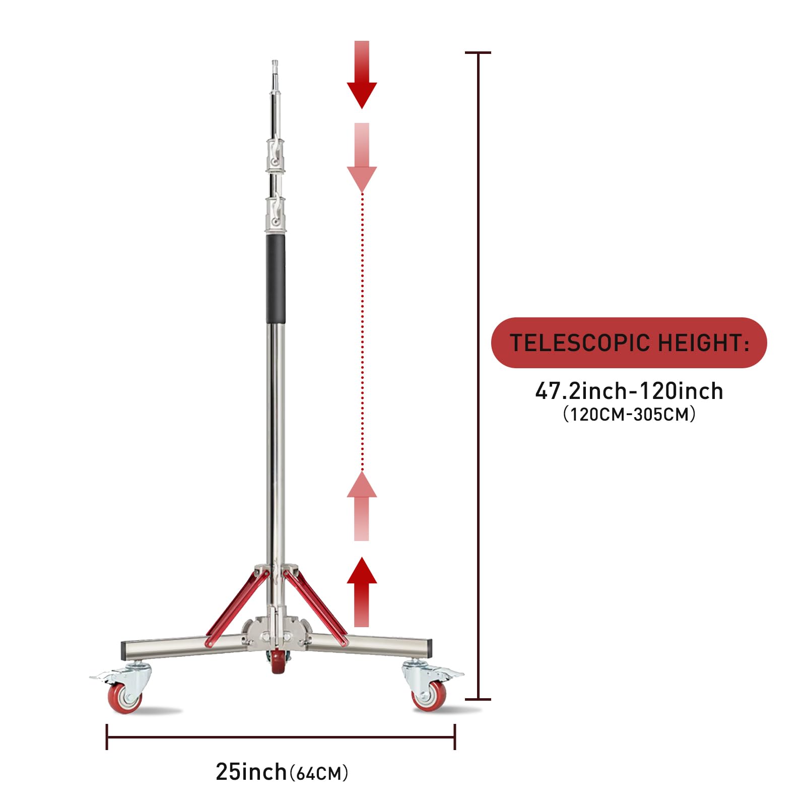 Heavy Duty Light Stand with Wheels - 10ft Adjustable Stainless Steel Tripod for Studio Softbox, Monolight, Reflector | Professional Photography, Video Lighting Equipment for Indoor & Outdoor Shoots