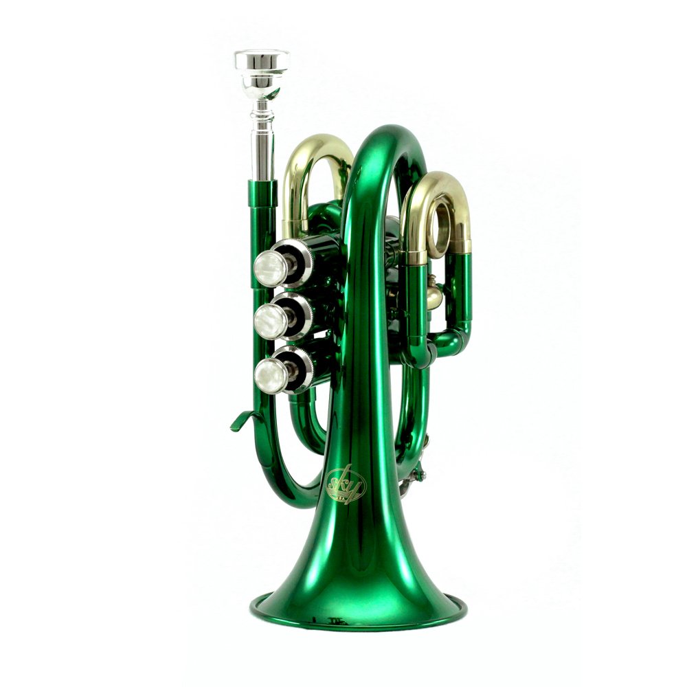Sky Band Approved Green Plated Bb Pocket Trumpet with Hard Case, Cleaning Cloth, Gloves & Valve Oil - Professional Quality Brass Instrument for Beginners & Students | Perfect for Jazz Bands, School Performances & Music Practice