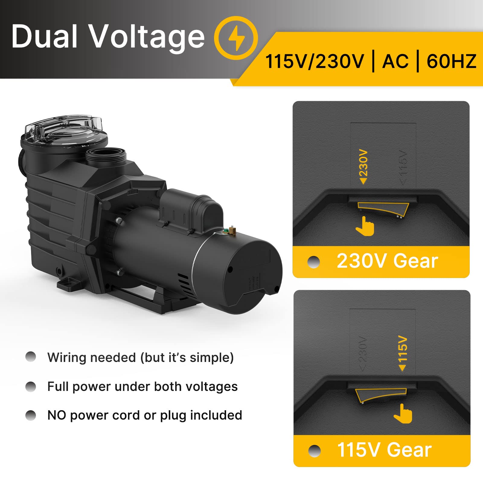 2.5 HP Inground Pool Pump - Dual Voltage 115V/230V, 6000GPH Max Flow, 78FT Head Lift - Energy Efficient DoE-Compliant Pool Pump with 1.5