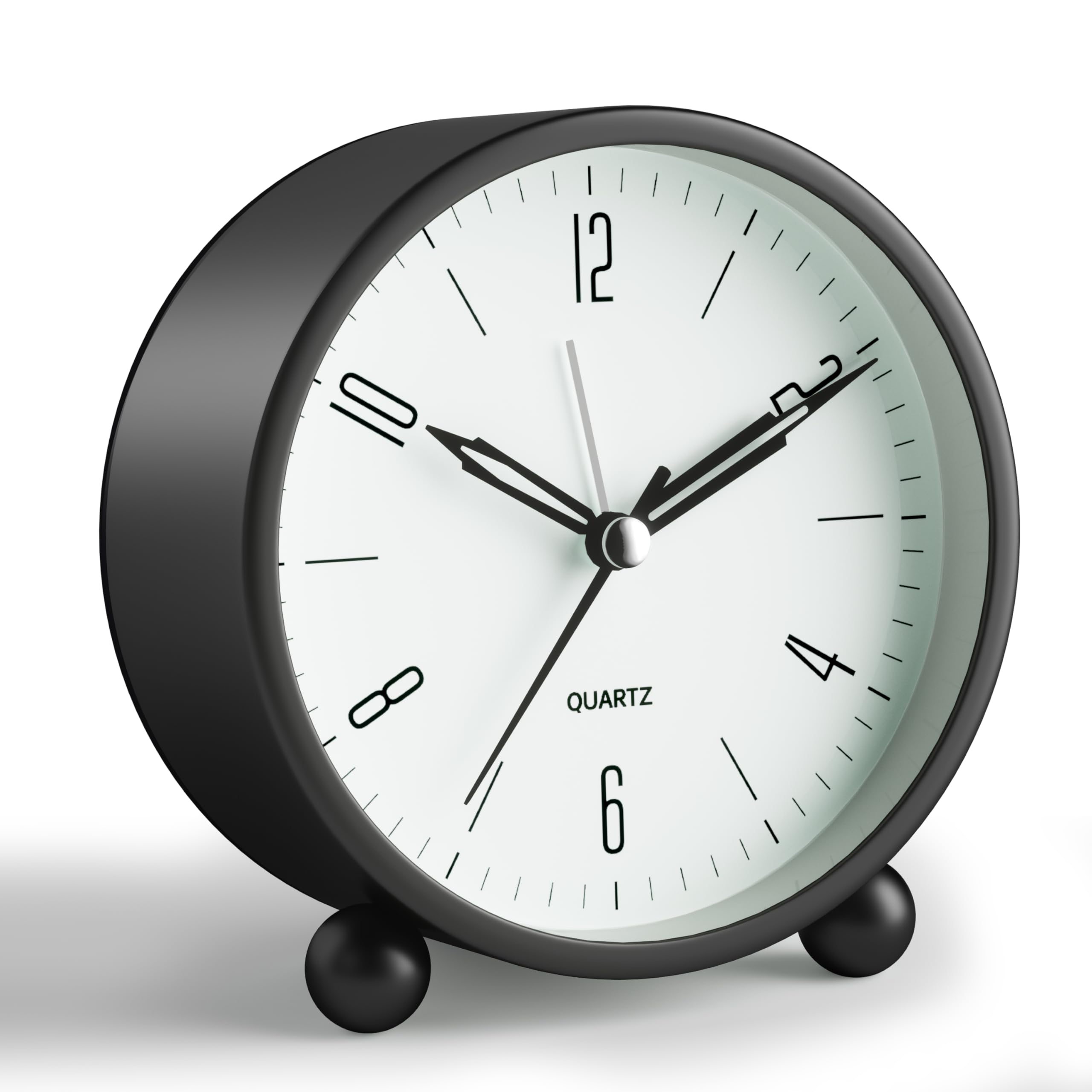 4 Inch Silent Analog Alarm Clock with Night Light - Battery Operated Vintage Style Bedside Clock for Adults & Kids - Perfect for Bedroom, Office Desk, Dorm Room & Gift Giving - Black