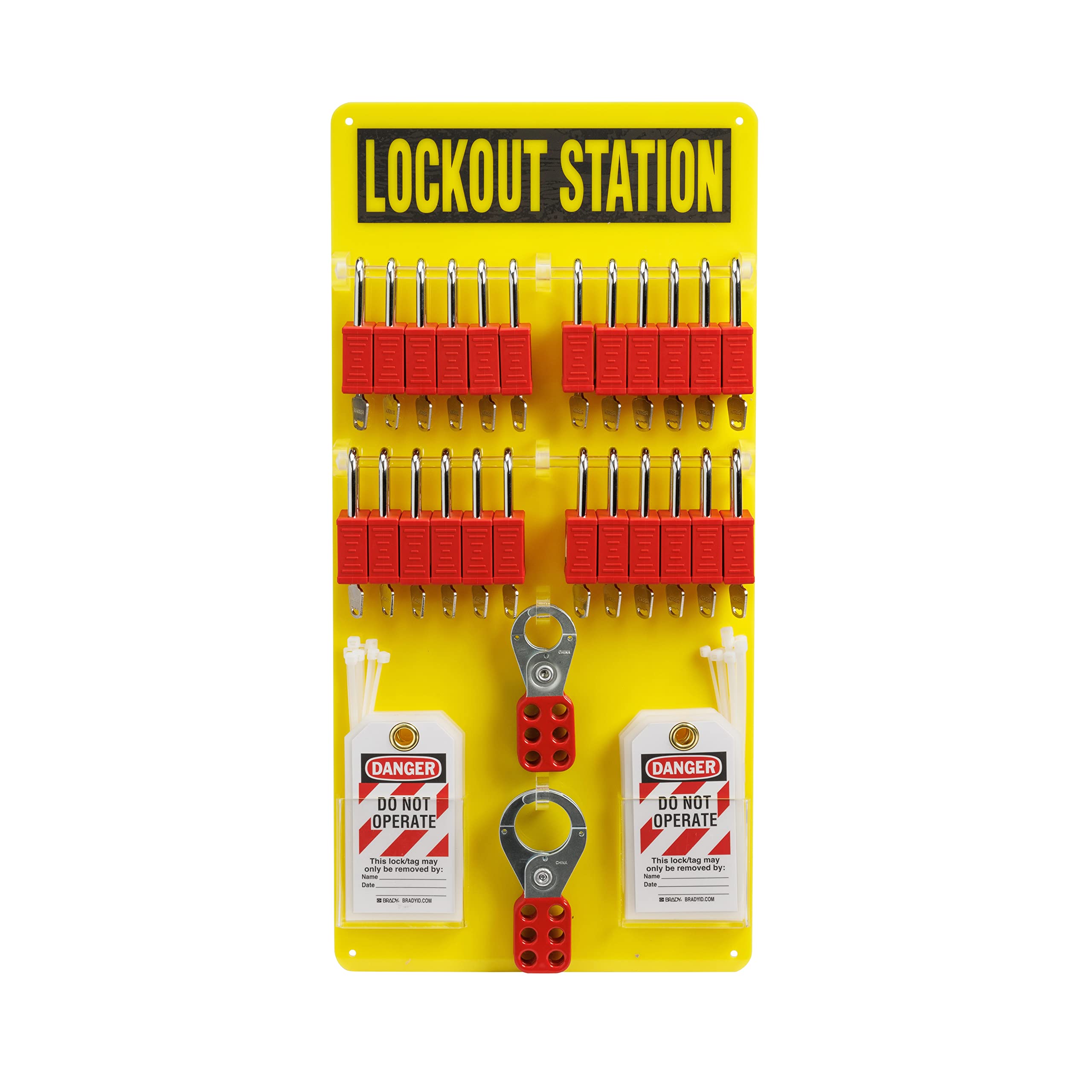 Brady Lockout Tagout Station with LOTO Devices - 24 Keyed Safety Locks, 4 Padlock Hasps & 30 'Do Not Operate' Tags for Industrial Safety (Yellow, Model 153687) | Perfect for OSHA Compliance, Equipment Maintenance & Workplace Safety Procedures