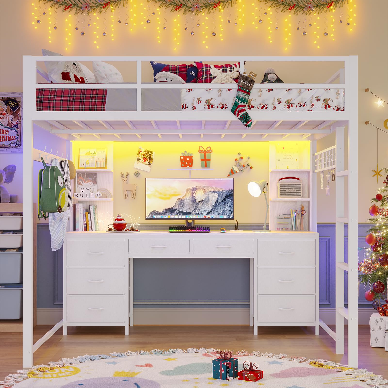 Full Metal Loft Bed with Desk & Storage - 8 Drawers, Charging Station, LED Lights & 4 Open Shelves | Noise-Free, Space-Saving Design | Perfect for Small Apartments, Dorm Rooms & Home Offices | No Box Spring Needed