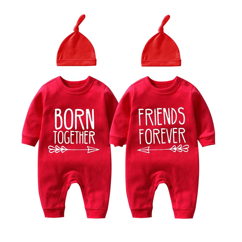 YSCULBUTOL Baby Twins Bodysuit with Hat - Born Together Friends Forever Outfit for Baby Boys & Girls | Matching Newborn & Toddler Clothes for Siblings, Photo Shoots & Special Occasions