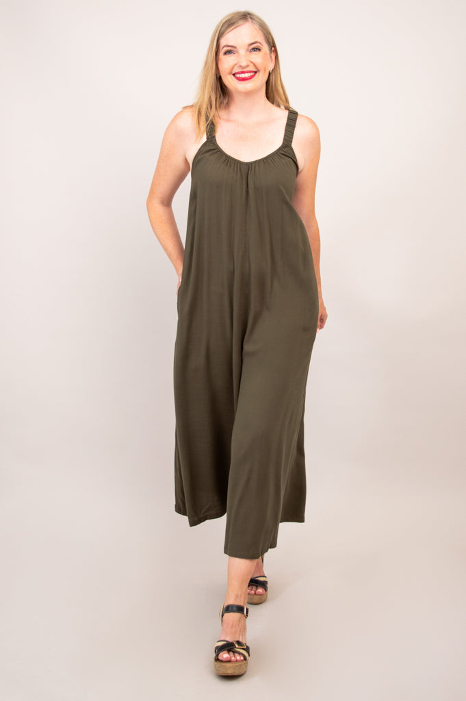 Joanna Jumpsuit - Khaki Linen Bamboo Blend Women's Romper | Perfect for Summer Outfits, Beach Vacations & Casual Wear