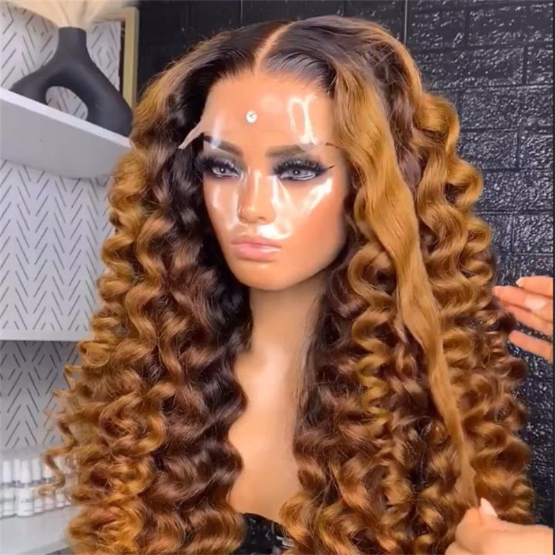 Eullair Glueless Ombre Brown Water Wave Human Hair Wig - Caramel Brown Highlighted Curly Lace Frontal Wig for Women | Natural Look for Daily Wear, Cosplay & Special Occasions