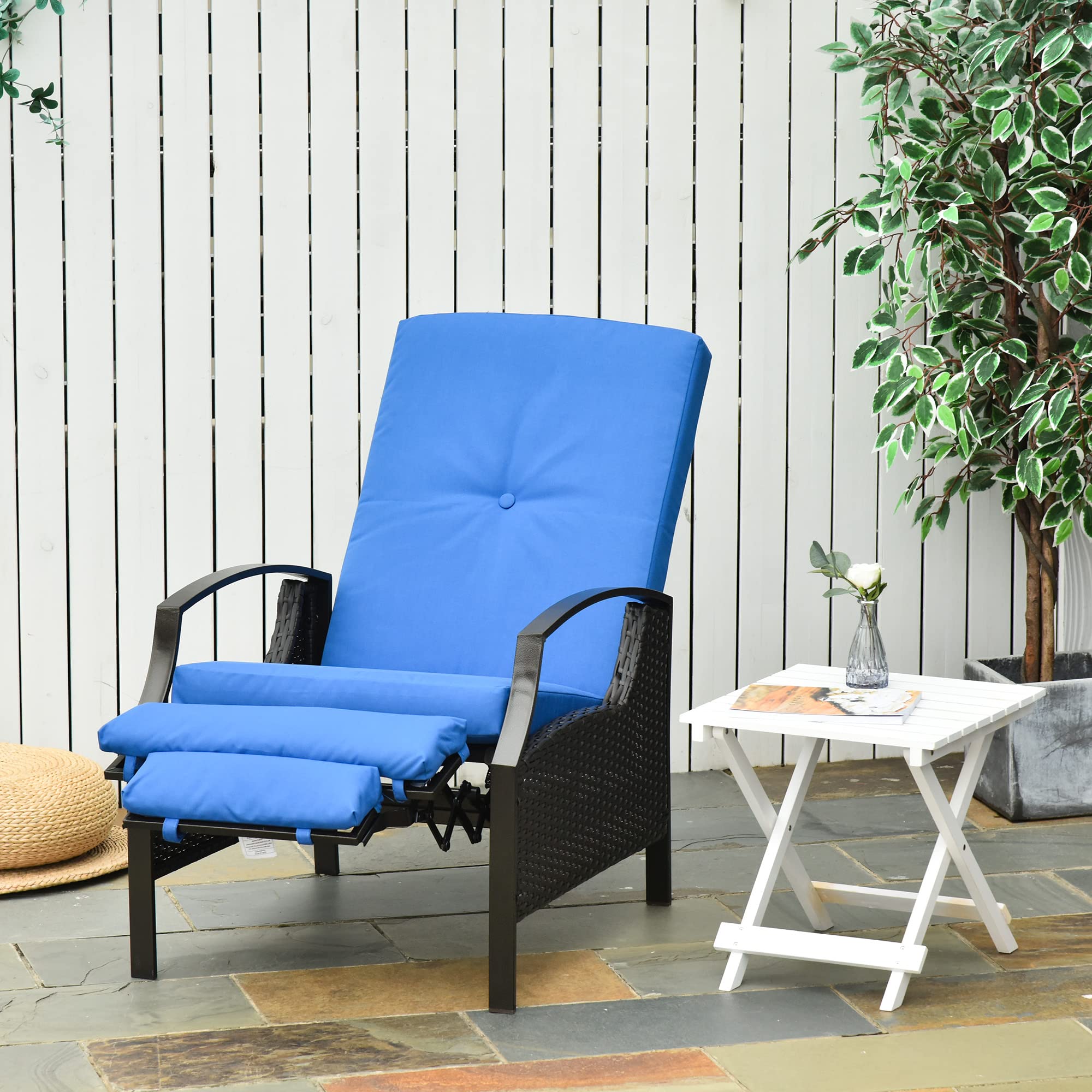 Outsunny Outdoor Recliner Chair - Adjustable Patio Lounge Chair with Comfortable Cushions, Footrest & Armrests - PE Wicker Furniture for Balcony, Porch, Backyard - Perfect for Relaxing, Sunbathing & Outdoor Lounging (Blue)