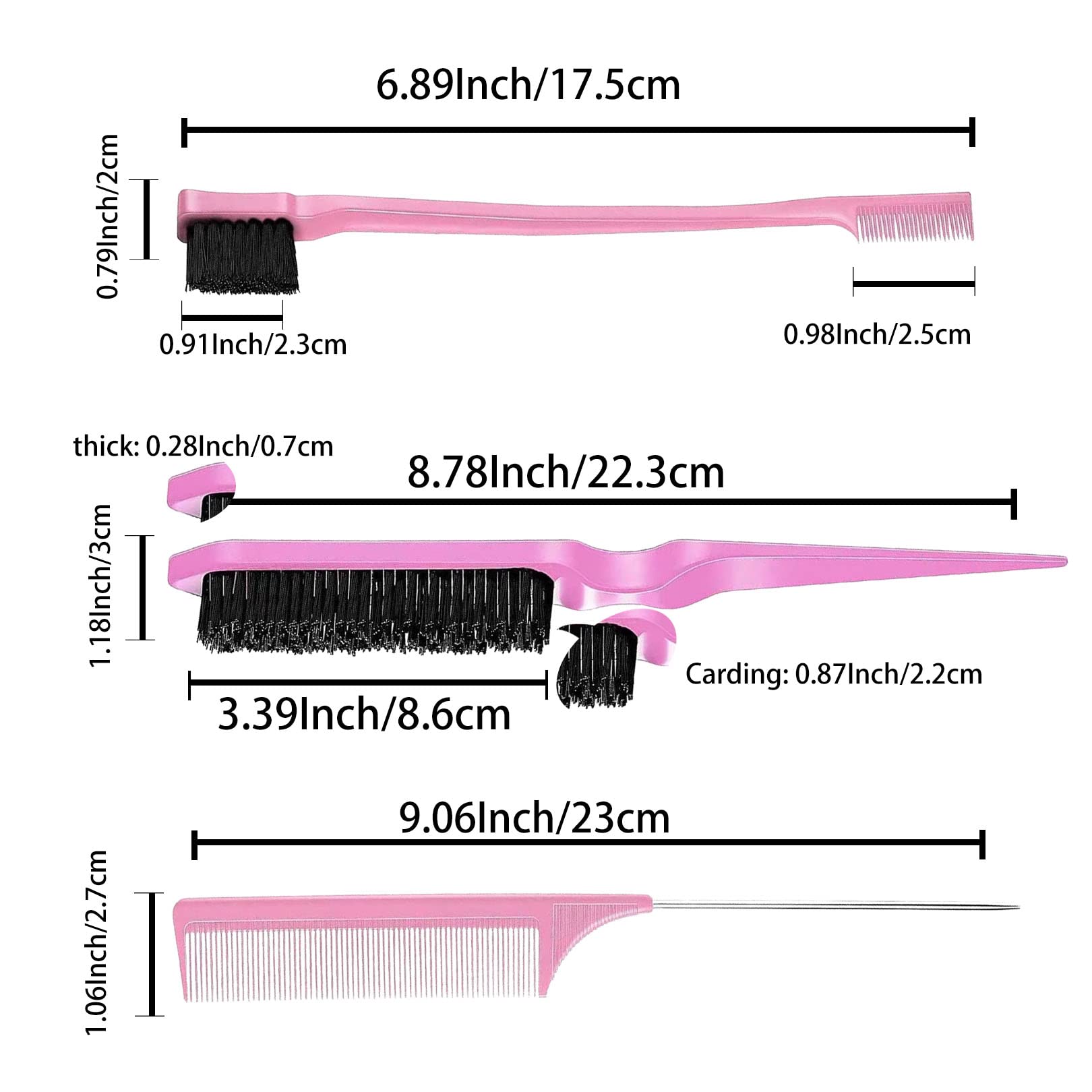 3Pcs Hair Brush Comb Set - Slick Back Brush, Bristle Hair Brush, Teasing Brush & Rat Tail Comb for Women & Kids - Double-Sided Edges for Smooth Styling - Perfect for Salon, Home & Travel Use (Pink)