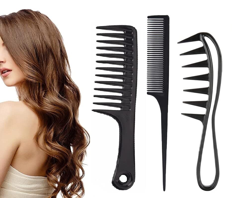 Ghelonadi Hair Comb Set for Men & Women - 3 Pack Plastic Combs for Long, Thick, Thin & Curly Hair - Salon & Home Hair Styling Tools (Black) - Perfect for Detangling, Styling & Everyday Hair Care