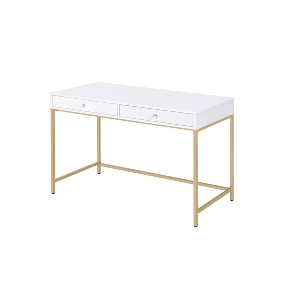 Acme Ottey 2-Drawer White High Gloss Vanity Desk with Gold Metal Legs - Perfect for Bedroom Makeup & Dressing Table, Home Office Workspace