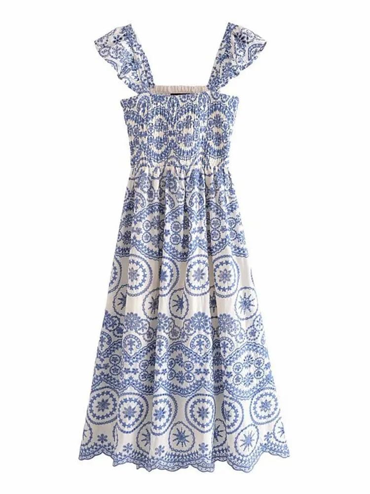 Floral Embroidery Backless Dress for Women - Hollow Out Ruffled Strap Midi Dress for Holiday, Party & Summer Outings