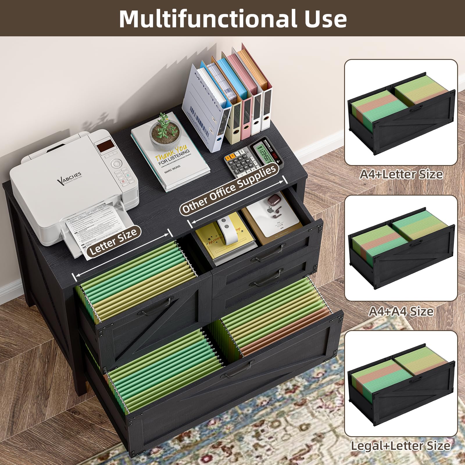 4-Drawer Wood Lateral File Cabinet for Hanging Files - Letter/A4/Legal Size - Farmhouse Office Storage Cabinet with Printer Stand - Black - Perfect for Home Office, School, and Business Organization