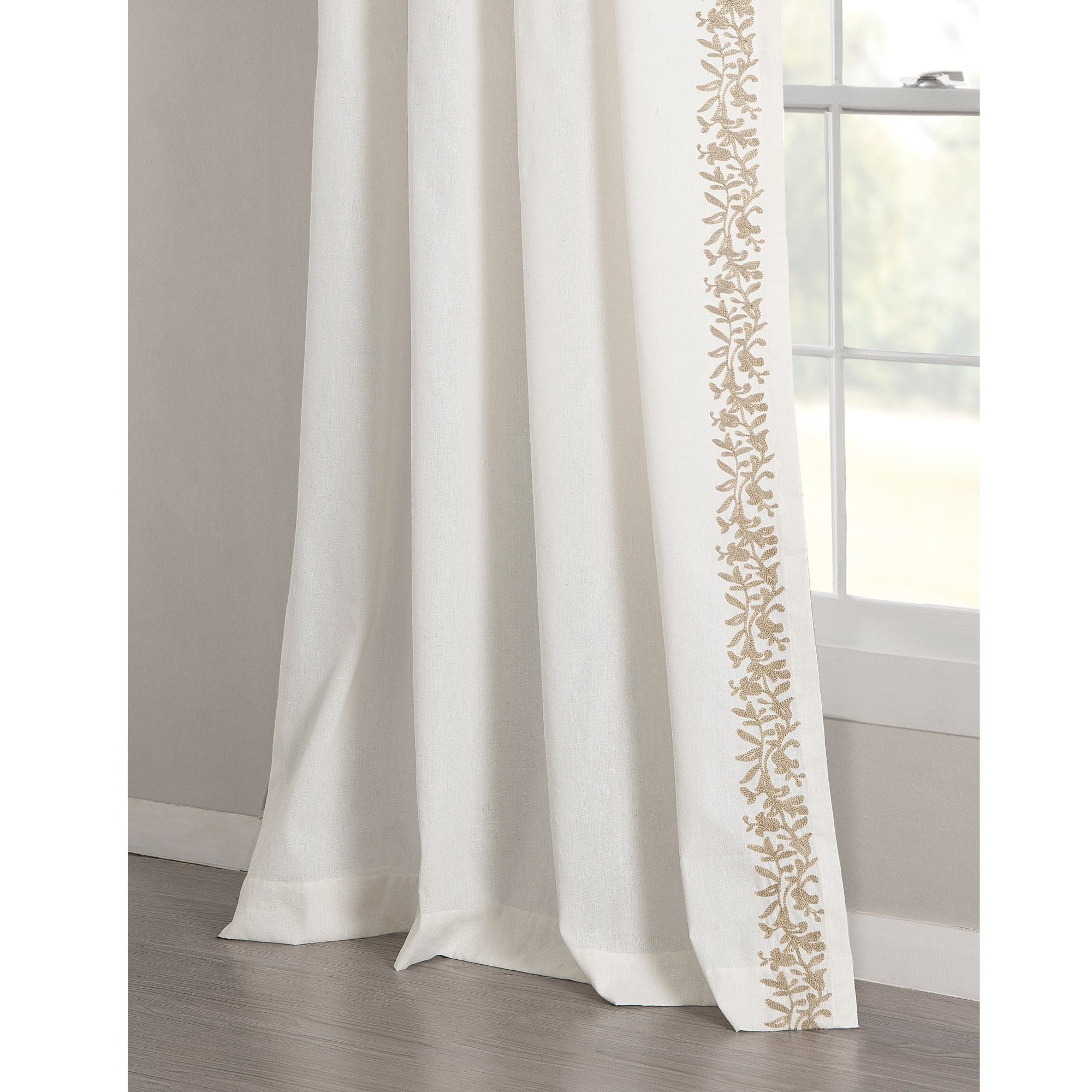 Luxury Modern Floral Linen-Like Embroidered Border Window Curtain Panel - Elegant Home Decor for Living Room & Bedroom