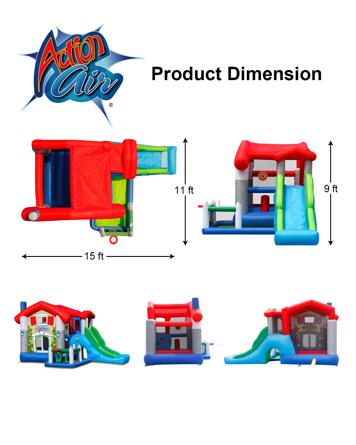 Action Air Bounce House with Blower - Inflatable Jumping Castle for Kids, Foldable Sunroof, Outdoor Party & Backyard Play (No Balls Included)