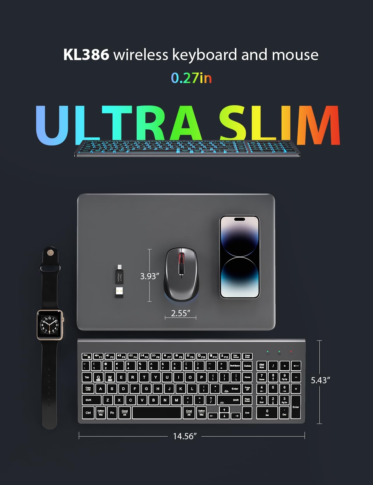 SABLUTE Wireless Keyboard and Mouse Combo with RGB Backlit - Rechargeable Slim Quiet Keyboard & Mouse Set for Mac Windows PC Laptop - Portable Cordless for Office Gaming Home (Space Gray)