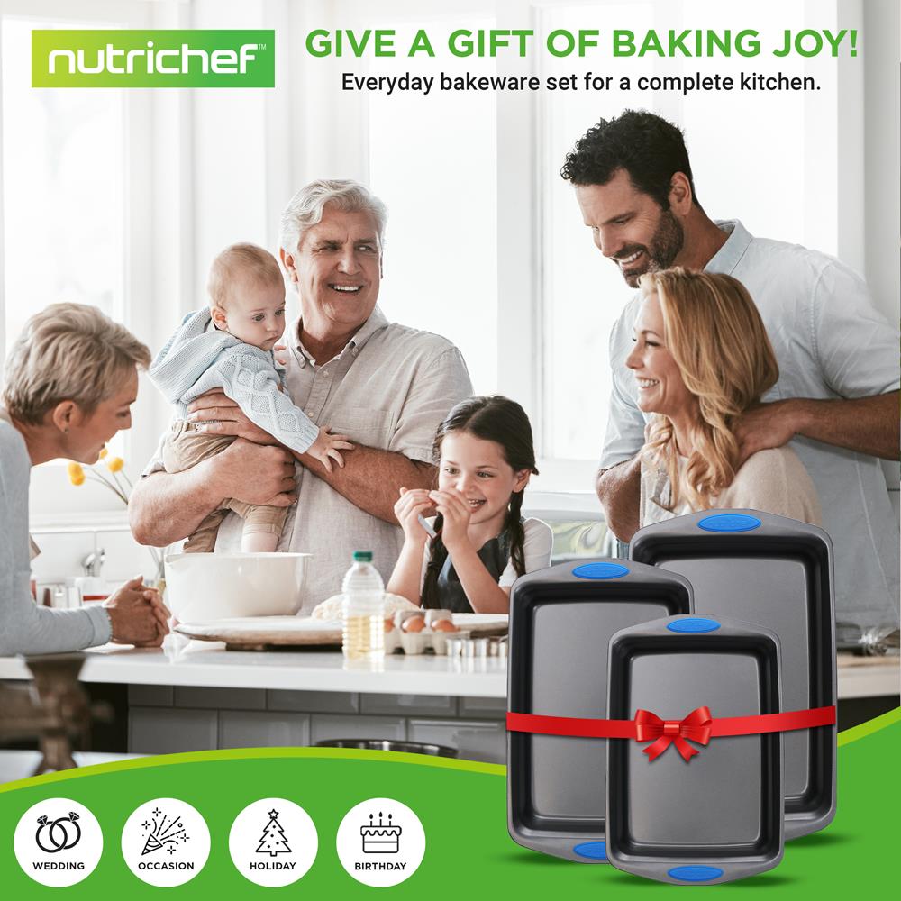 Non-Stick Baking Pans Set for Oven - 3-Piece Cookie Sheet, Pizza Pan & Cake Pan - Heavy Duty Carbon Steel Baking Trays for Home Kitchen, Baking, Roasting & Cooking | Perfect for Cookies, Pizza, Cakes & More