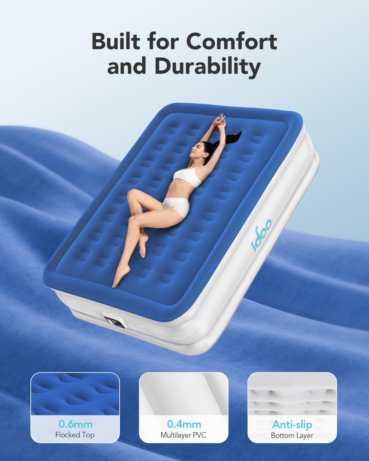 iDOO Queen Size Air Mattress with Built-in Pump - 3 Minute Inflation/Deflation, Extra Thick Inflatable Airbed for Home, Camping & Guest Use - Comfortable Blow Up Mattress for Indoor & Outdoor Sleeping