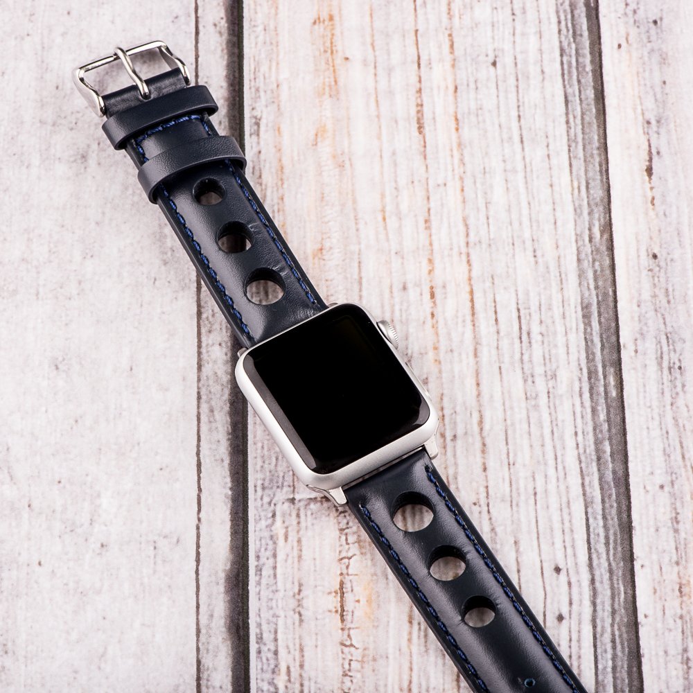 Clockwork Synergy® Rally Leather Band for Apple Watch 38mm/40mm/41mm - Navy Smooth Genuine Leather Strap with Stainless Steel Hardware - Replacement Watch Band for Men & Women - Perfect for Work, Gym & Everyday Wear