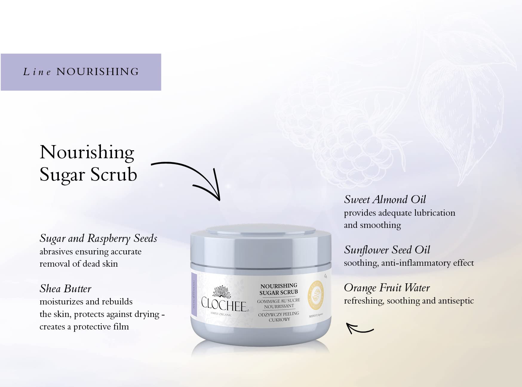 Clochee Organic Sugar Scrub for Body - Mango Scent with Shea Butter & Raspberry Seeds (8.5 oz) | Exfoliating & Moisturizing for Soft Skin | Perfect for Spa Day & Self-Care Routine