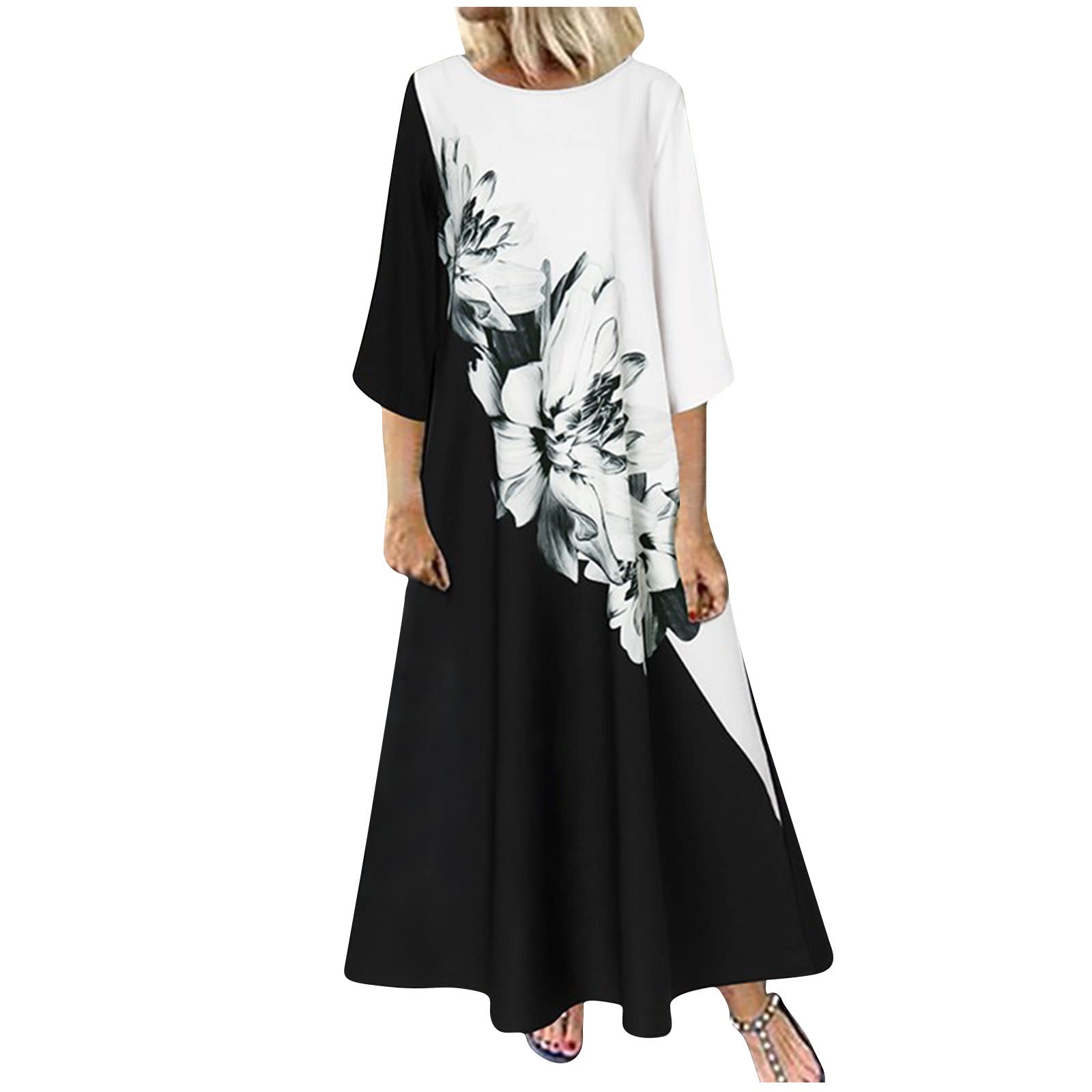 2022 Women's Summer Dresses - Floral Print Casual 3/4 Sleeve Loose Round Neck Dress | Perfect for Beach Vacation, Outdoor Picnics & Summer Parties | OURS66PDE