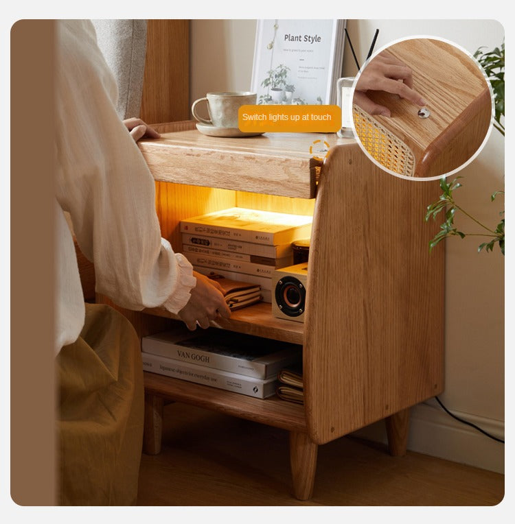 Solid Oak Wood Nightstand with Rattan Accents - Stylish Bedside Table for Bedroom Decor, Living Room, or Guest Room