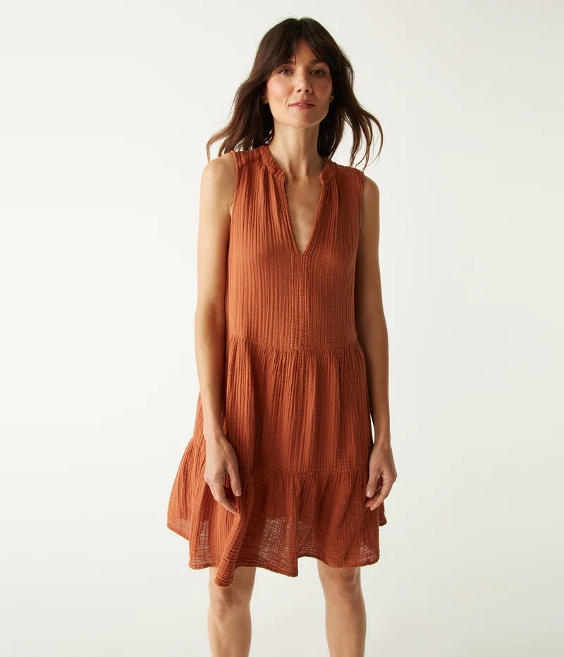 Elegant Daisy Print Gauze Dress in Toffee - Perfect for Summer Beach Vacations & Boho Chic Outfits