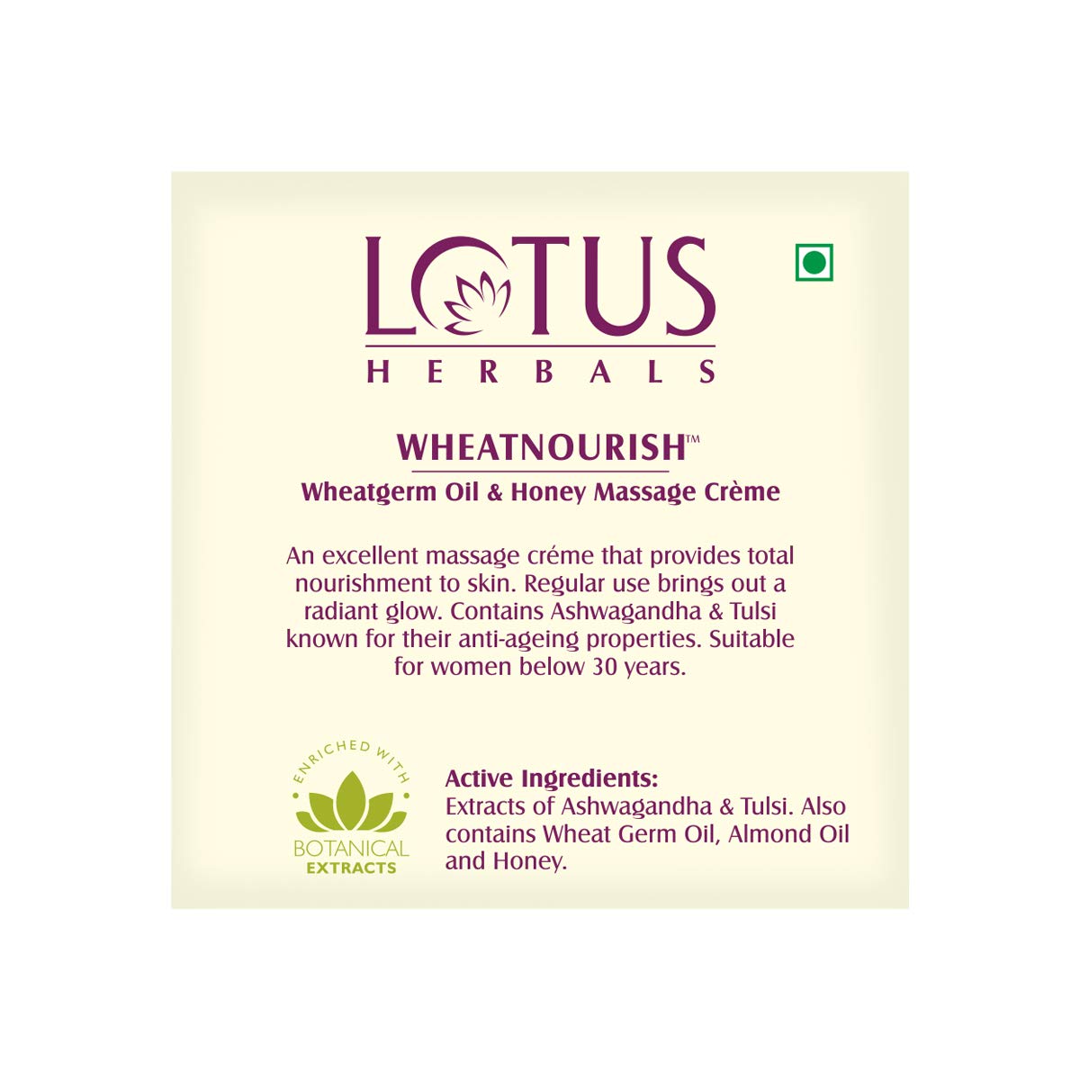 Lotus Herbals Wheatnourish Wheatgerm Oil & Honey Nourishing Massage Cream 50g - Deep Moisturizing for Dry Skin, Body & Face Care, Spa & Home Relaxation