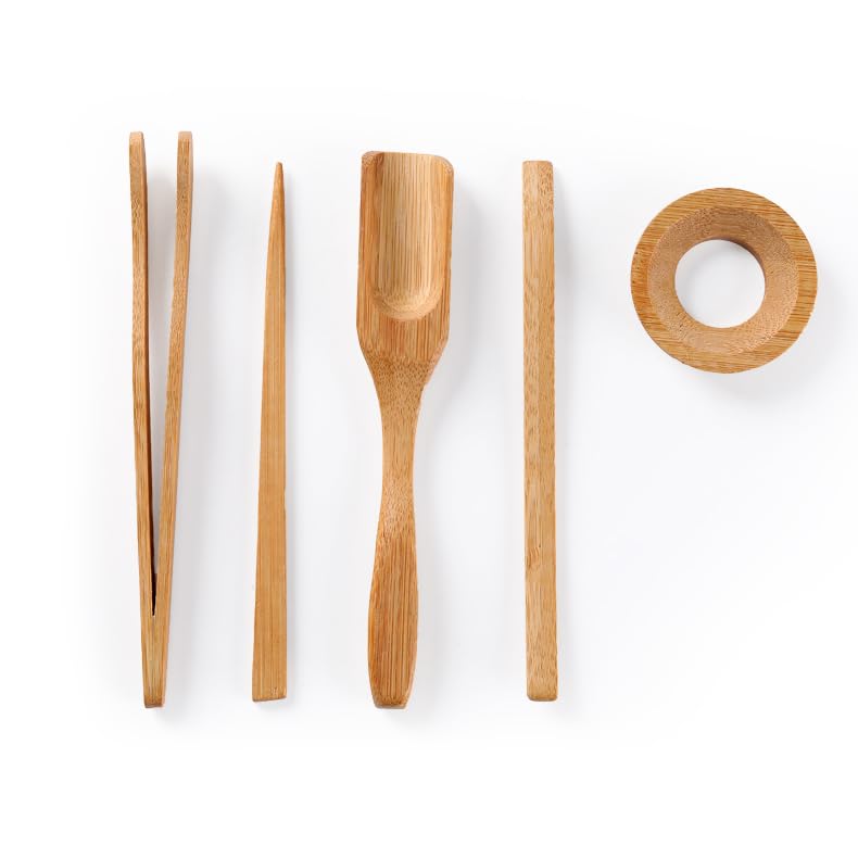 Premium Bamboo GongFu Tea Set - Tea Scoop, Tongs, Tea Needle & Funnel in Square Canister | Traditional Chinese Tea Ceremony Tools for Home & Office Tea Brewing