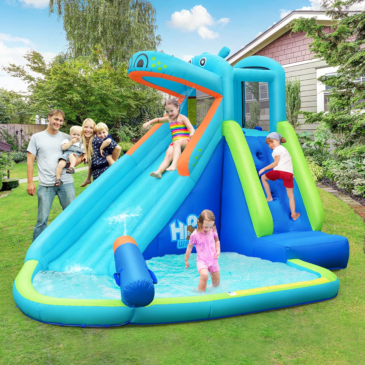 HONEY JOY Inflatable Water Slide - Hippo Theme Blow Up Bounce House with Climbing Wall for Backyard, Outdoor & Indoor Use - Kids and Adults Water Park Play Equipment (Blower Not Included) - Perfect for Summer Parties, Family Gatherings and Backyard Fun