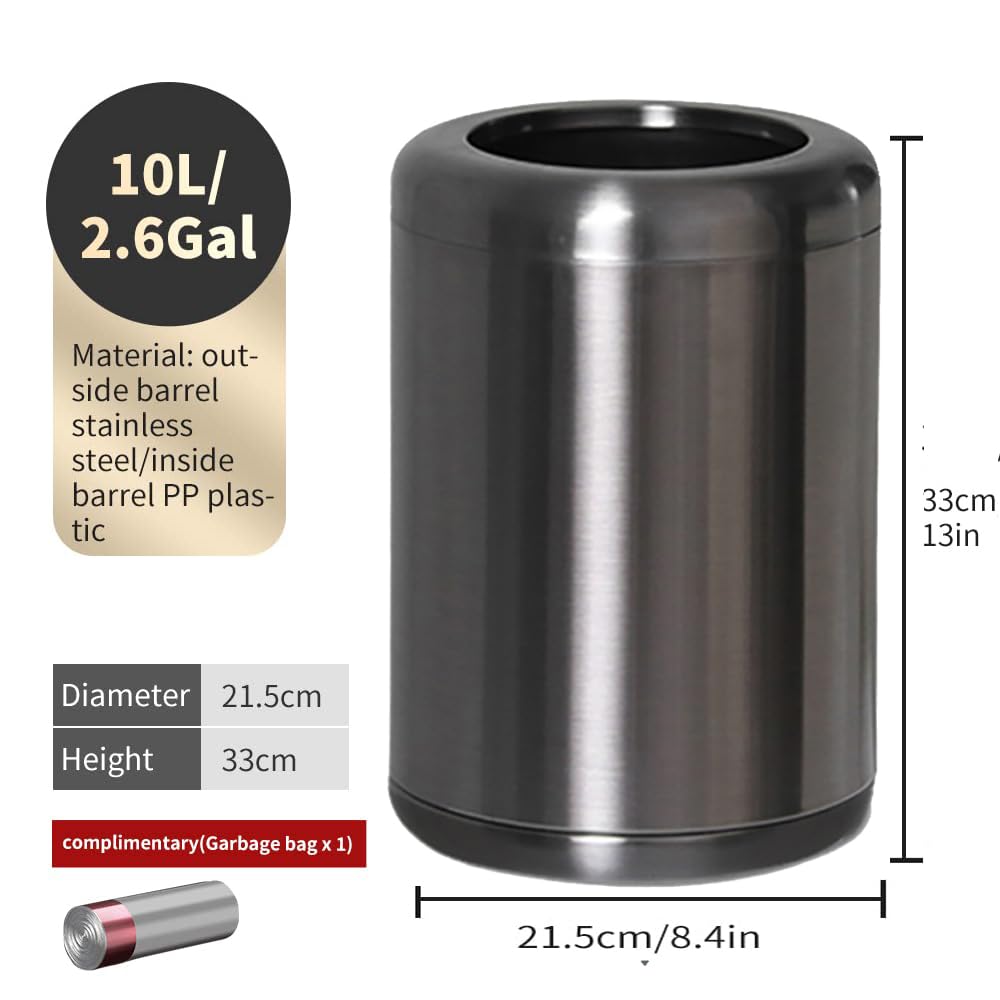 10L/2.6Gal Brushed Stainless Steel Trash Can with Open Top - Elegant Black Gold Waste Bin for Bathroom, Kitchen, Office, Living Room & Bedroom | Durable Garbage Can for Home, Hotel & Commercial Use