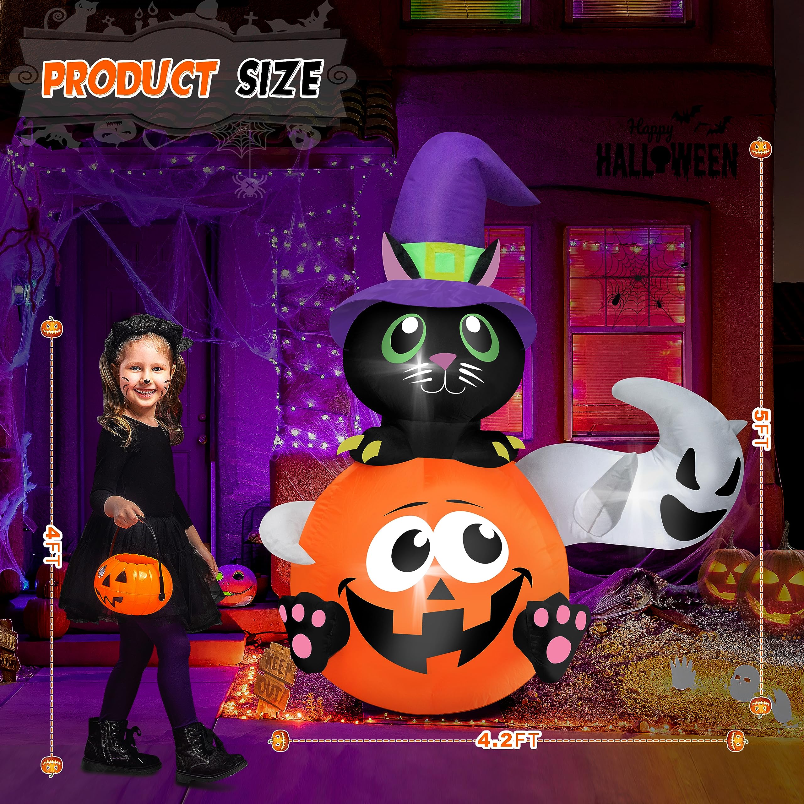 5 FT Halloween Inflatable Pumpkin & Witch Cat Yard Decoration with Built-in LED Lights - Indoor/Outdoor Halloween Decor for Porch, Lawn, Garden Party (HMCQ001)