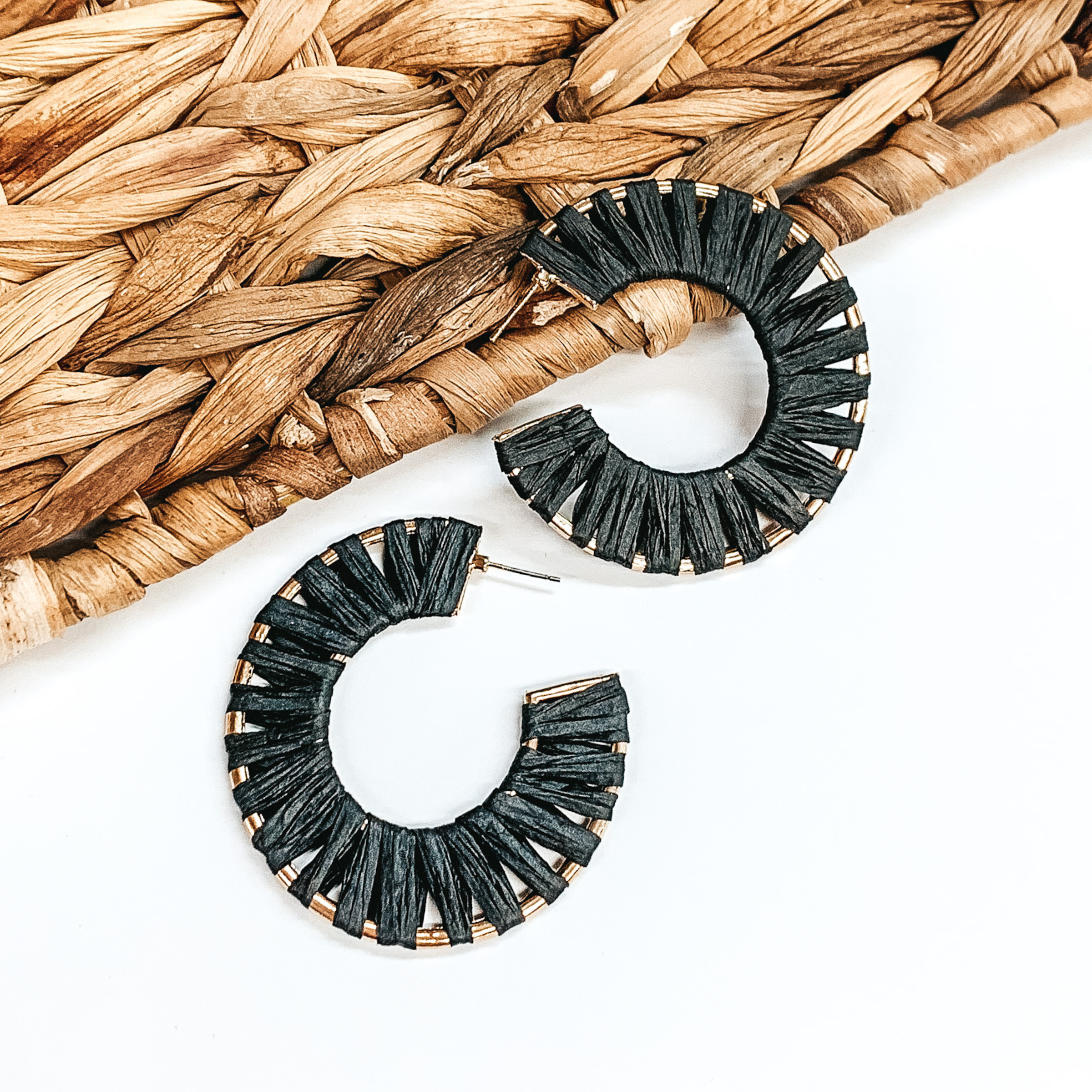 Black Raffia Wrapped Gold Hoop Earrings - Boho Chic Summer Jewelry for Beach Vacations & Tropical Getaways